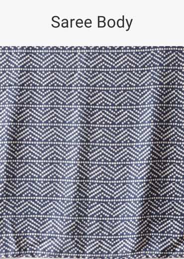 Blue Printed Saree In Satin With Tassel Detail And Unstitched Blouse Fabric