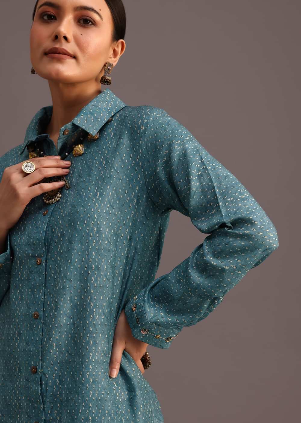 Blue Printed Shirt And Pant With Embroidery