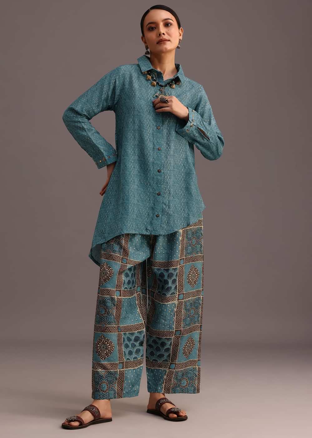 Blue Printed Shirt And Pant With Embroidery