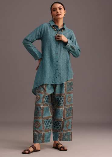 Blue Printed Shirt And Pant With Embroidery