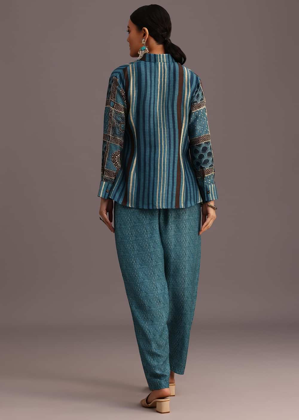 Blue Printed Shirt Salwar Set With Embroidery