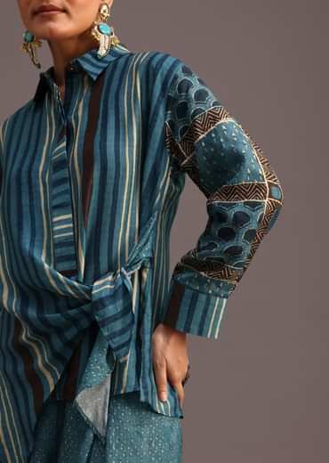 Blue Printed Shirt Salwar Set With Embroidery