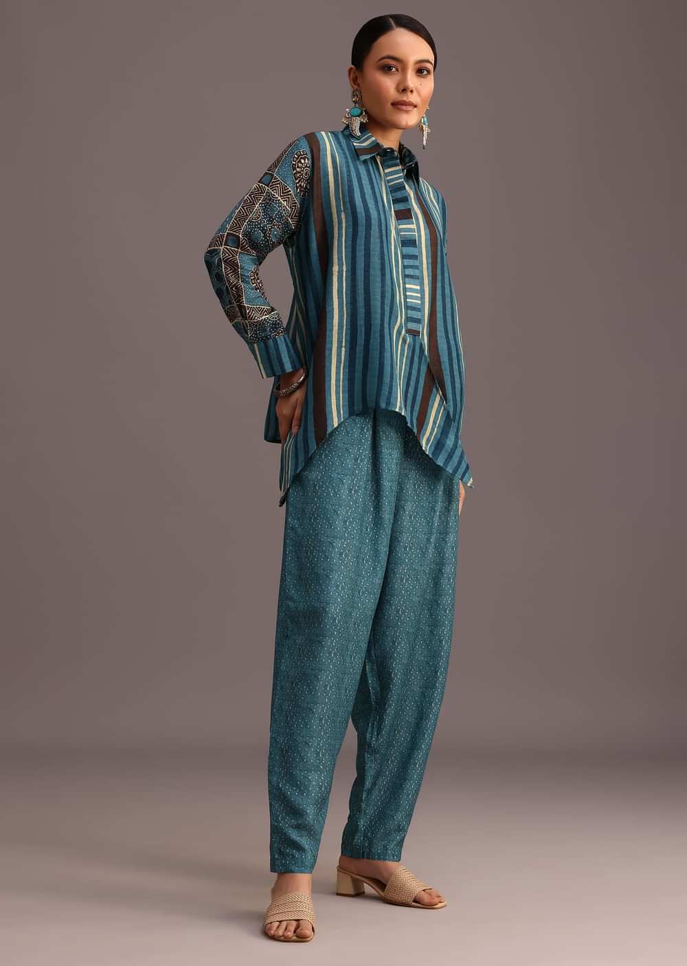 Blue Printed Shirt Salwar Set With Embroidery