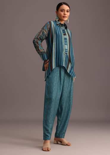 Blue Printed Shirt Salwar Set With Embroidery