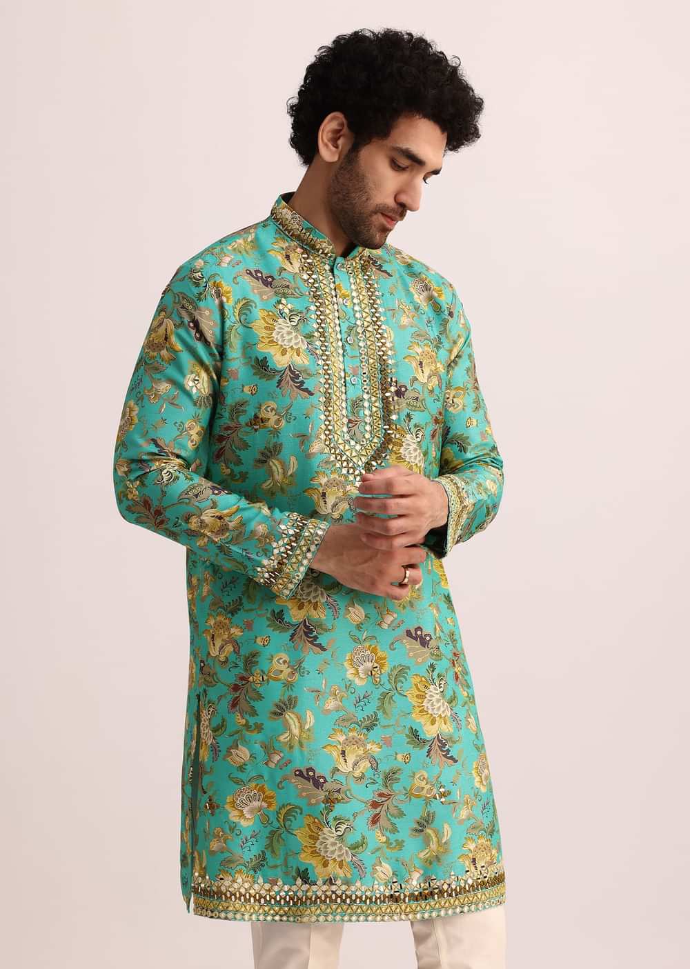 Blue Printed Silk Kurta Set Wth Mirror Work