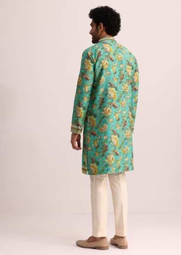 Blue Printed Silk Kurta Set Wth Mirror Work