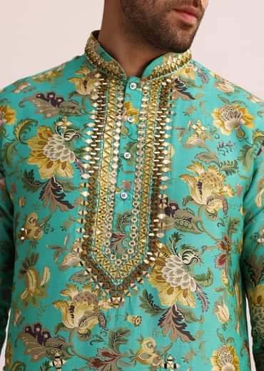 Blue Printed Silk Kurta Set Wth Mirror Work