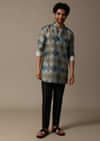 Blue Printed Silk Short Kurta Set For Men