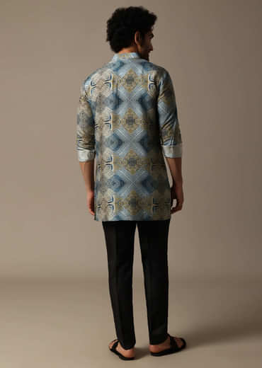 Blue Printed Silk Short Kurta Set For Men