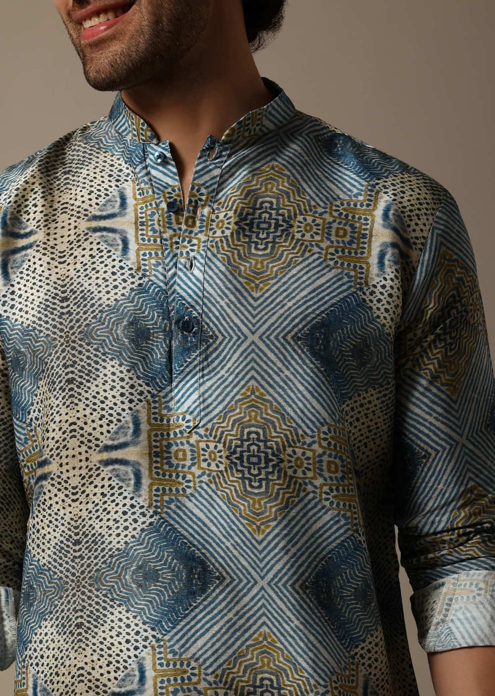 Blue Printed Silk Short Kurta Set For Men