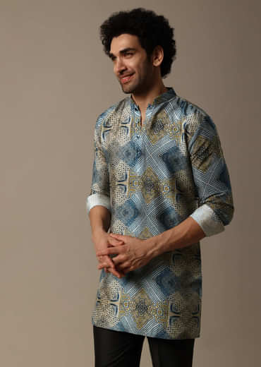 Blue Printed Silk Short Kurta Set For Men