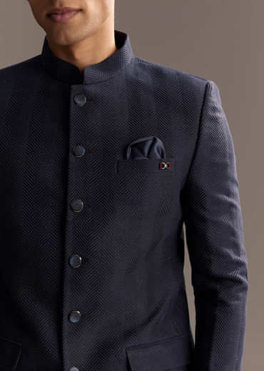 Blue Rayon Jodhpuri Suit For Men With Subtle Pattern