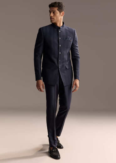 Blue Rayon Jodhpuri Suit For Men With Subtle Pattern