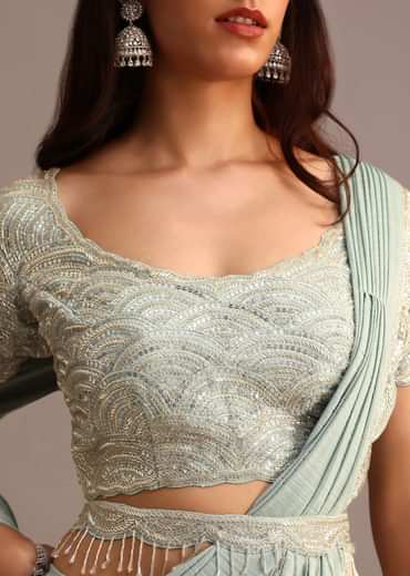 Blue Ready Pleated Saree With Embroidered Blouse