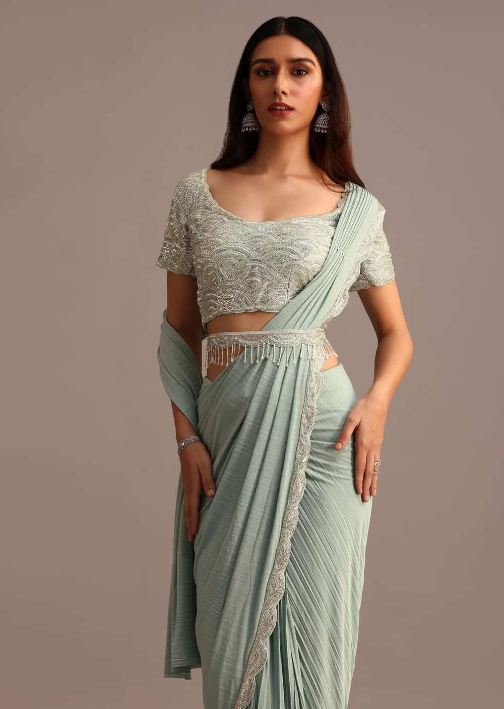 Blue Ready Pleated Saree With Embroidered Blouse