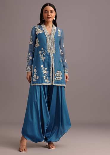 Blue Resham Work Kurti Palazzo Suit
