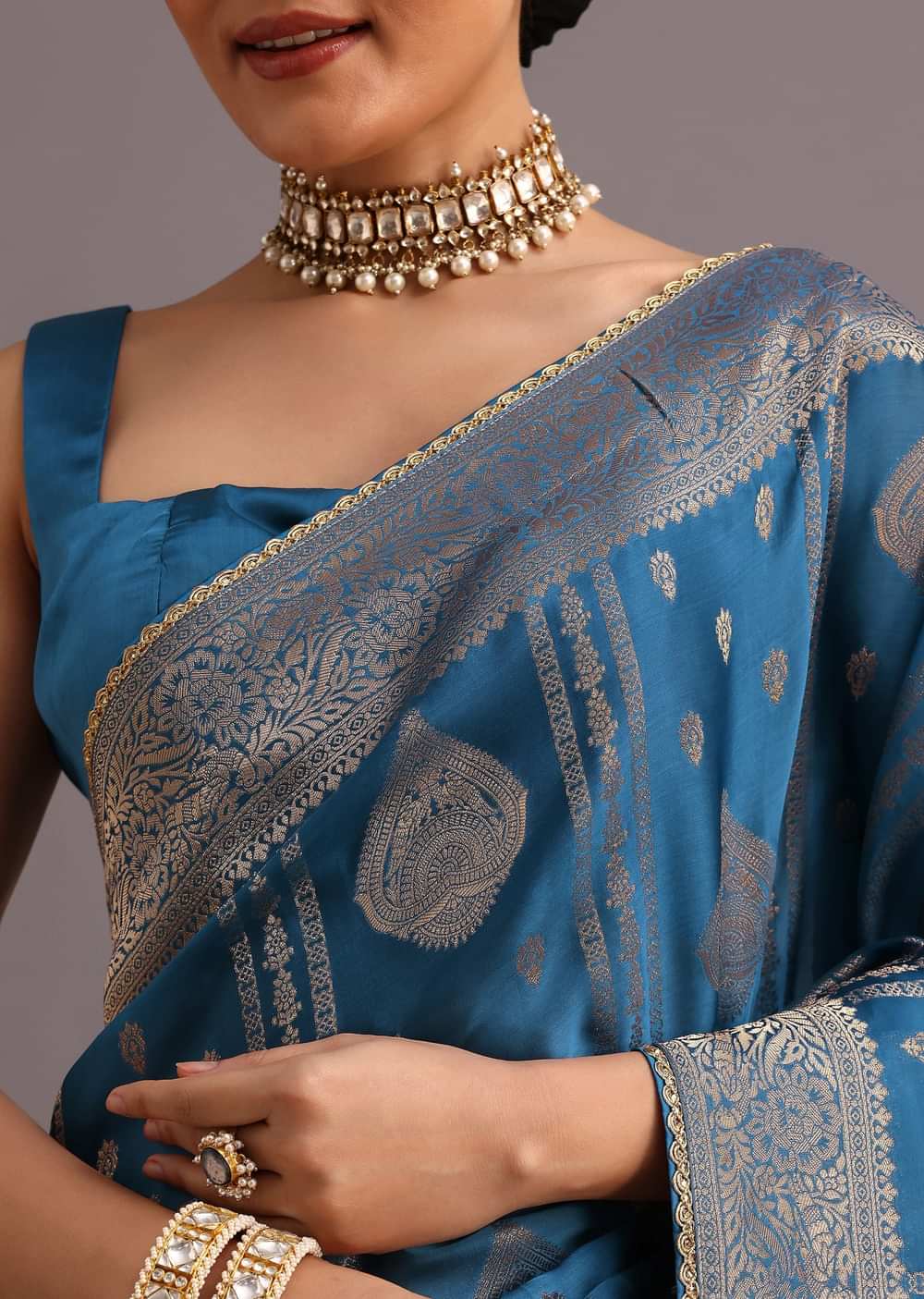 Blue Satin Silk Zari Woven Saree With Brocade Border
