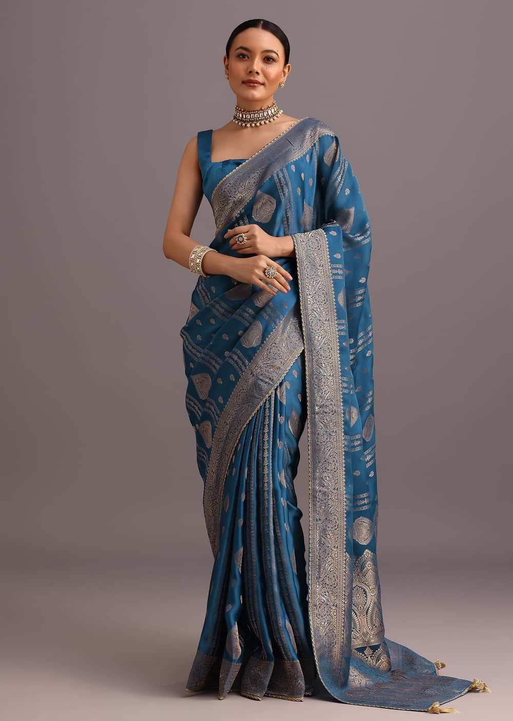 Blue Satin Silk Zari Woven Saree With Brocade Border