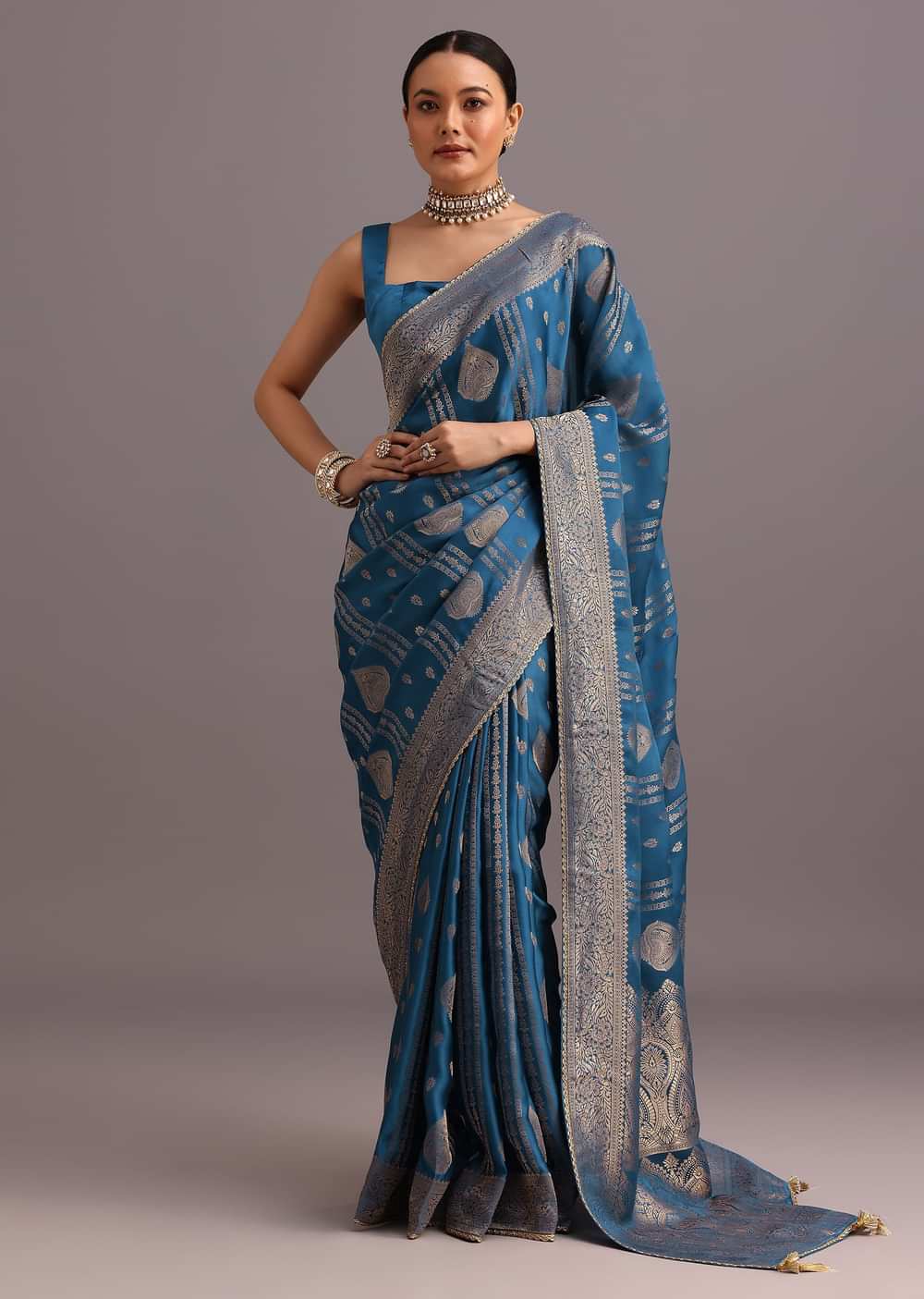 Blue Satin Silk Zari Woven Saree With Brocade Border