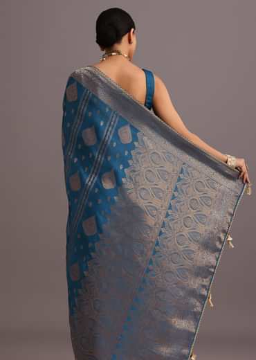 Blue Satin Silk Zari Woven Saree With Brocade Border