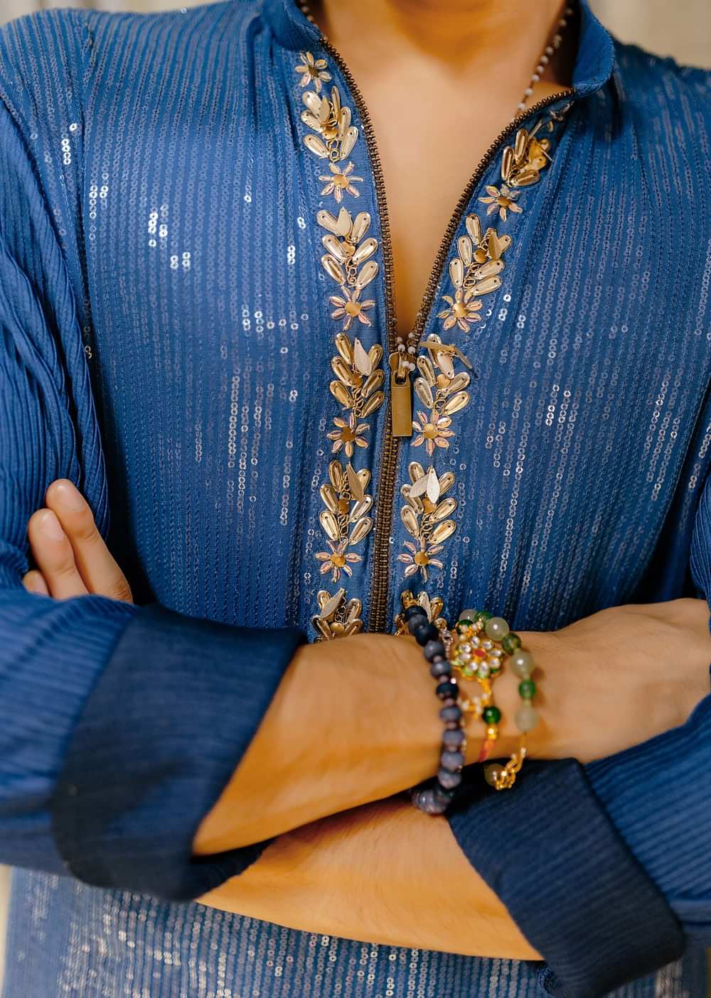 Blue Shaded Sequin Zipper Kurta With Navy Blue Pants