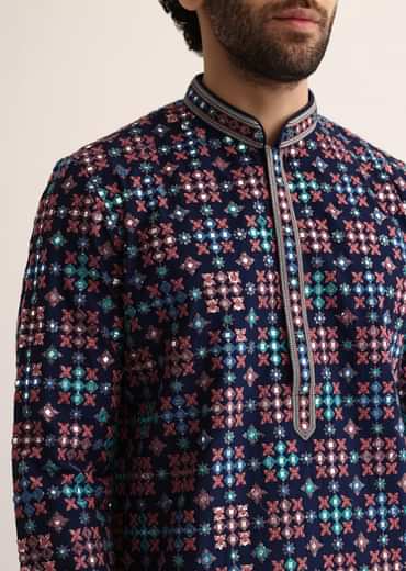 Blue Silk Abla Work Kurta Set For Men