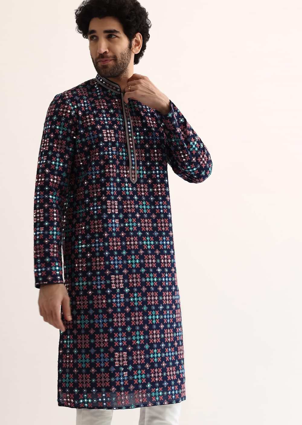 Blue Silk Abla Work Kurta Set For Men