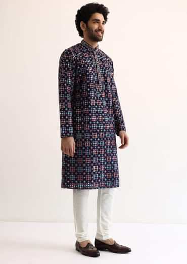 Blue Silk Abla Work Kurta Set For Men