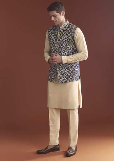 Blue Silk Bandhani Kurta Jacket Set For Men With Geometric Motifs