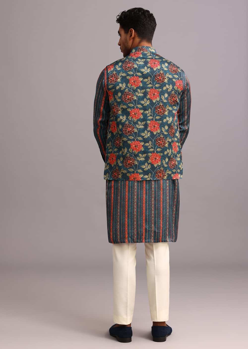 Blue Silk Floral And Stripe Print Jacket Kurta Set