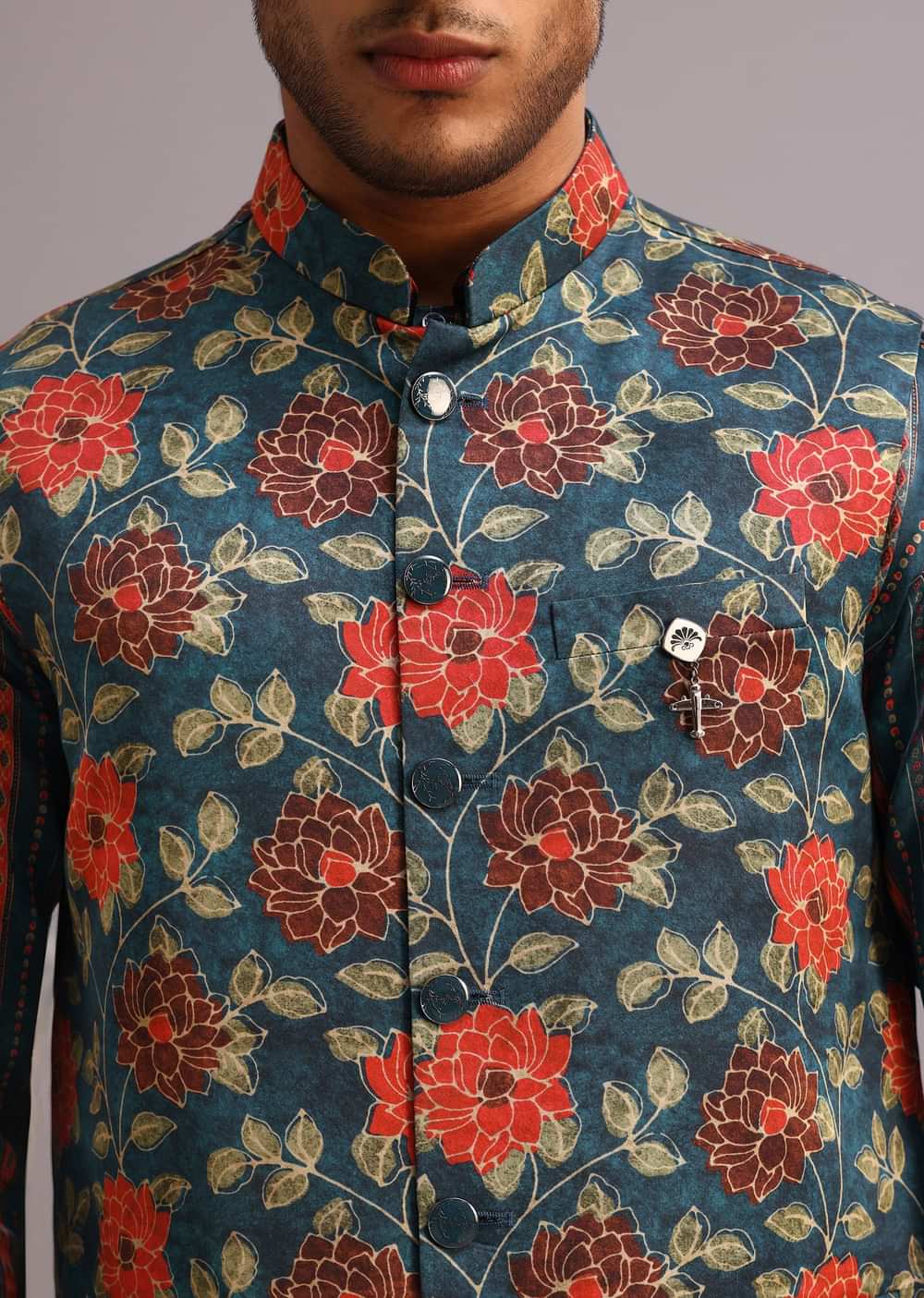 Blue Silk Floral And Stripe Print Jacket Kurta Set