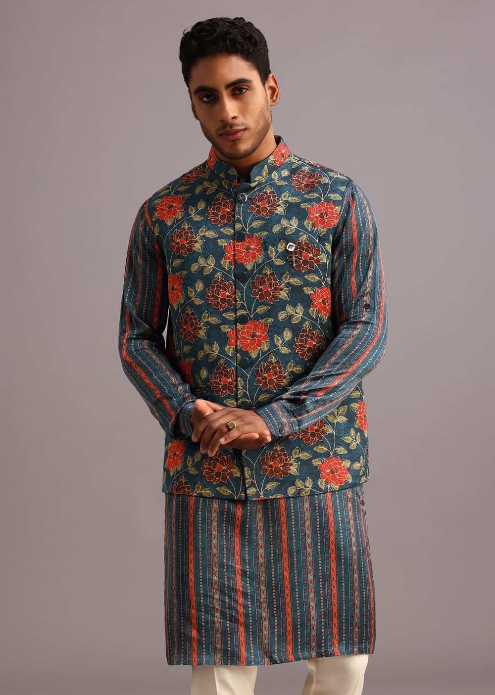 Blue Silk Floral And Stripe Print Jacket Kurta Set