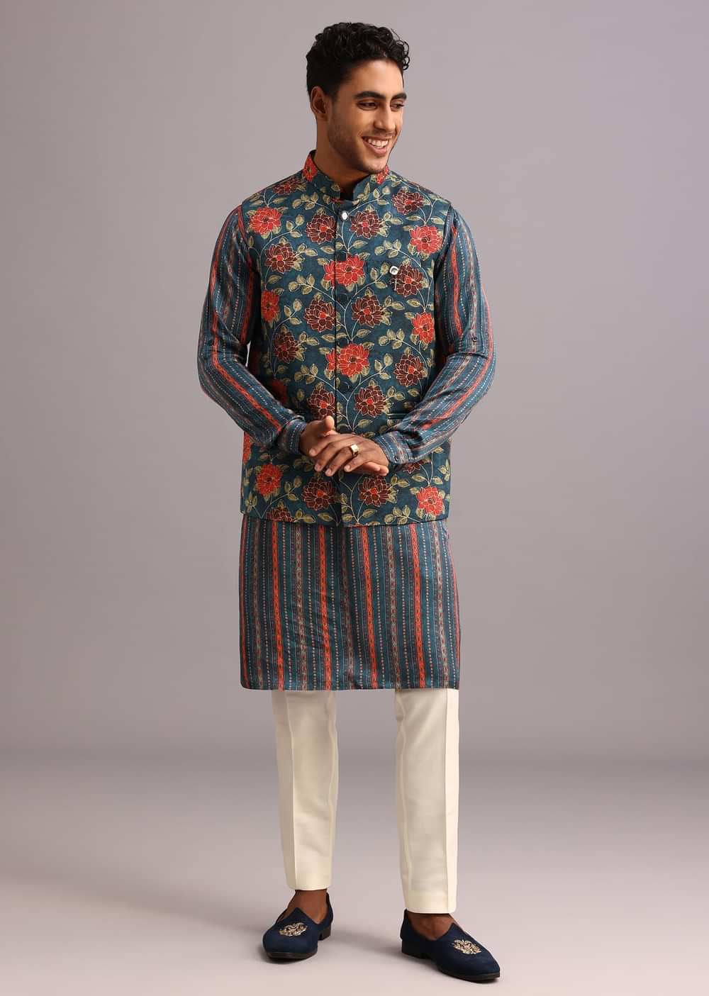 Blue Silk Floral And Stripe Print Jacket Kurta Set
