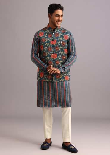 Blue Silk Floral And Stripe Print Jacket Kurta Set