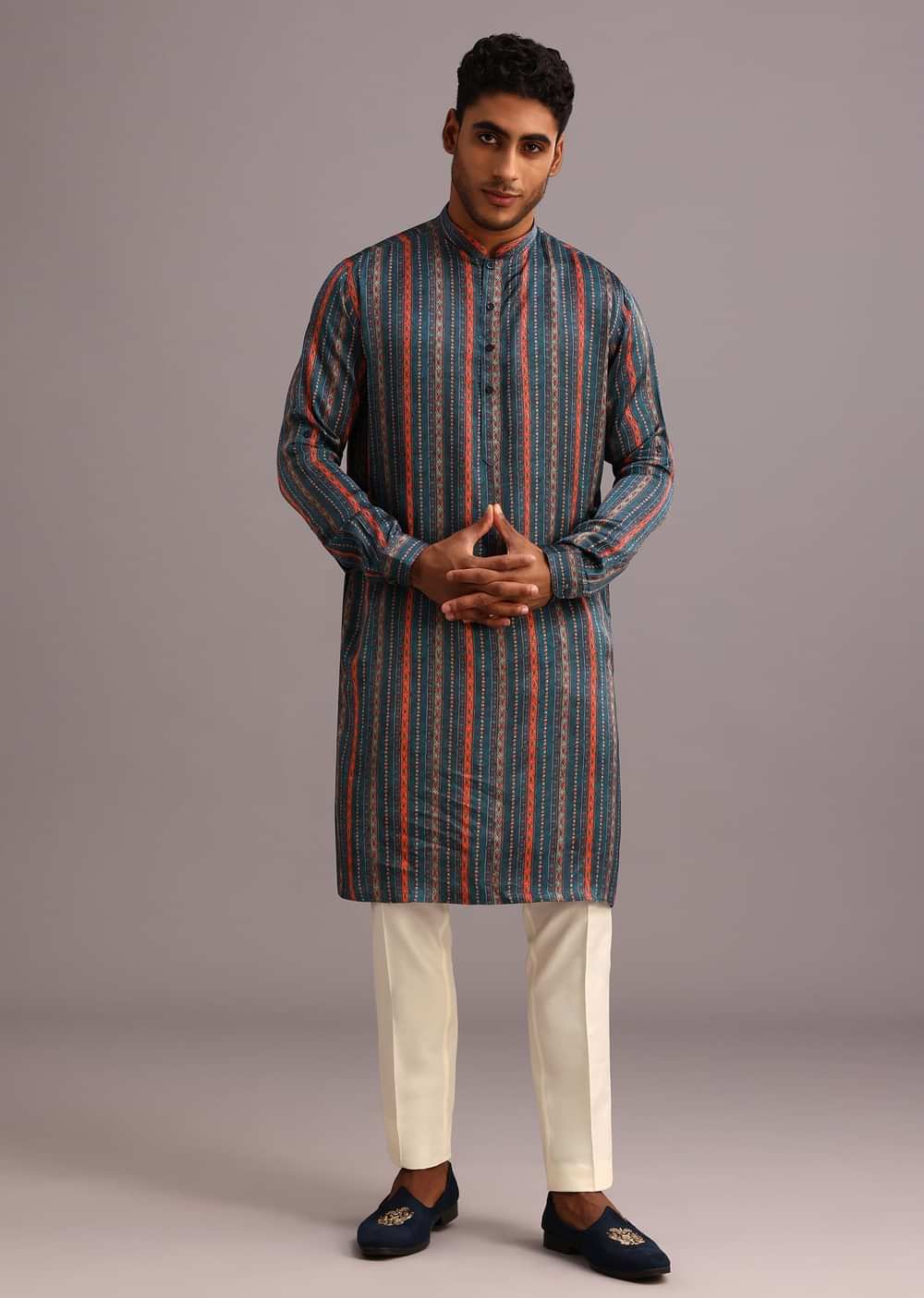 Blue Silk Floral And Stripe Print Jacket Kurta Set