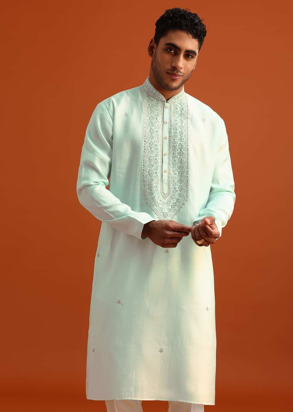 Blue Silk Hand Embroidered Kurta And Pant Set