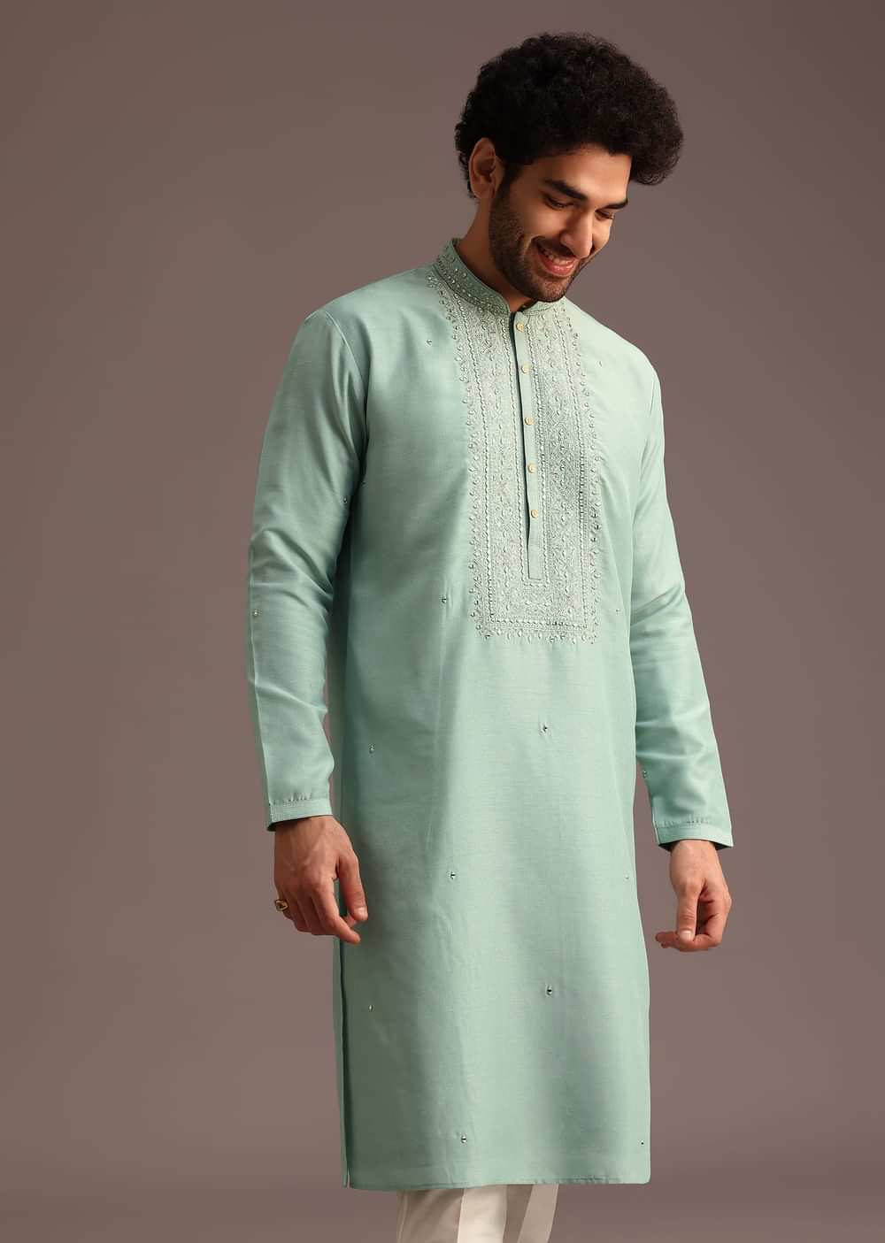 Blue Silk Hand Work Embroidered Yoke Kurta And Pant
