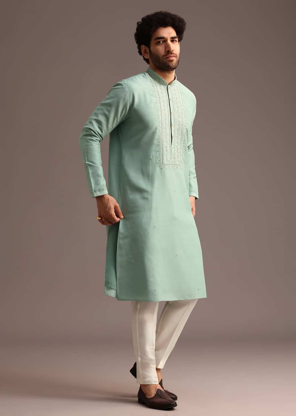Blue Silk Hand Work Embroidered Yoke Kurta And Pant