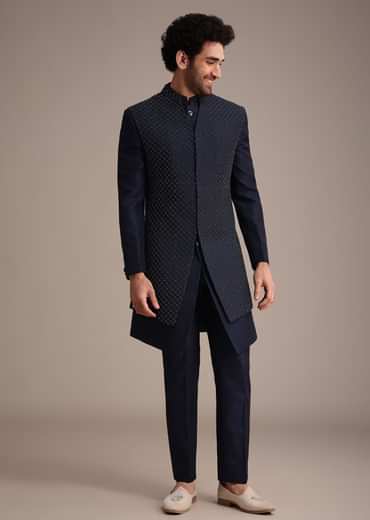 Blue Silk Indowestern Set With Embroidery