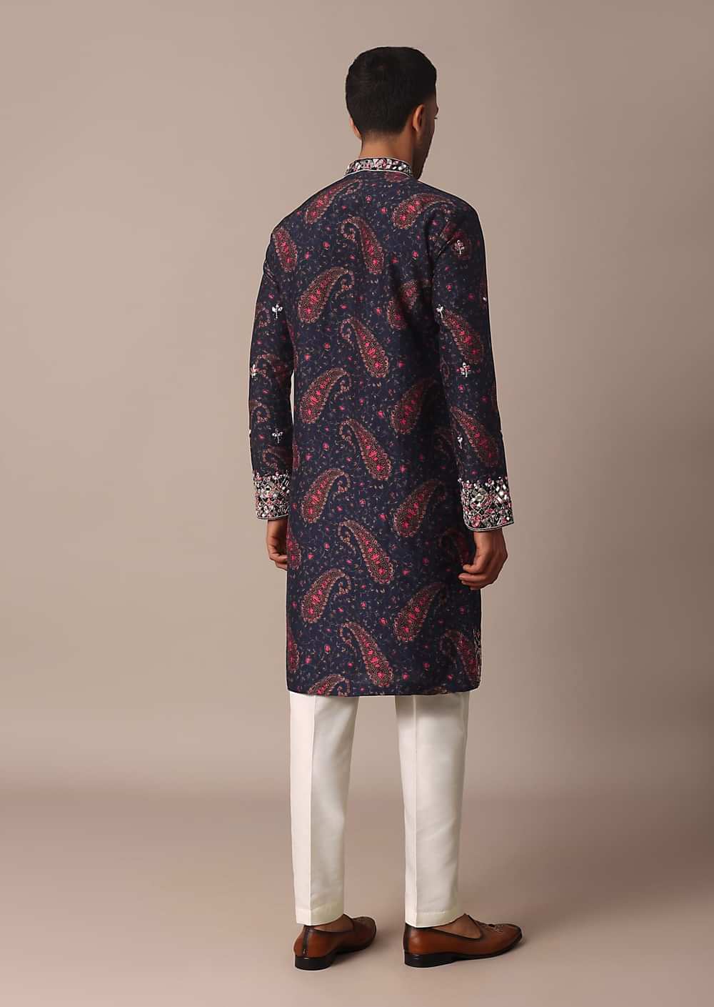 Blue Silk Kurta Set With Intricate Thread And Mirror Work Embroidery