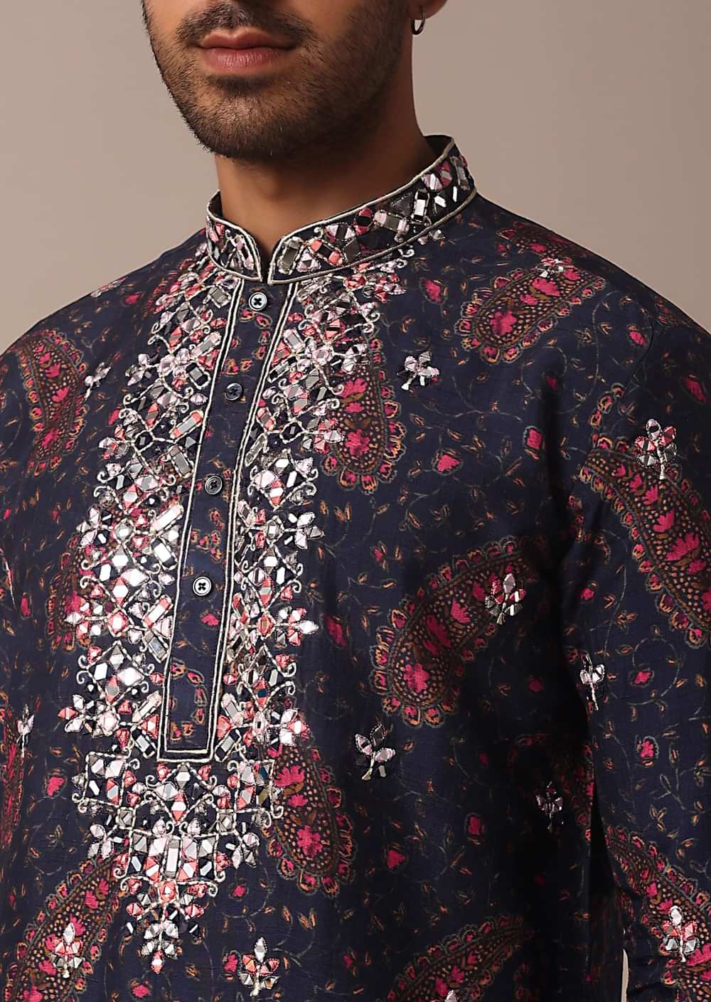 Blue Silk Kurta Set With Intricate Thread And Mirror Work Embroidery