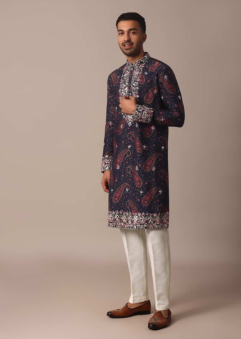 Blue Silk Kurta Set With Intricate Thread And Mirror Work Embroidery