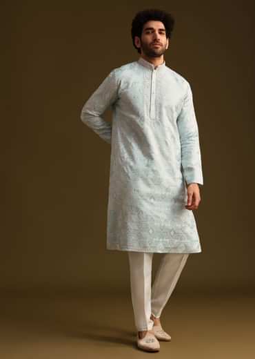 Blue Silk Mandarin Collar Kurta Set With Embroidered Yoke