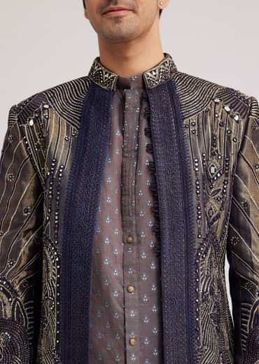 Blue Silk Open Sherwani Set With Zardosi And Mirror Work