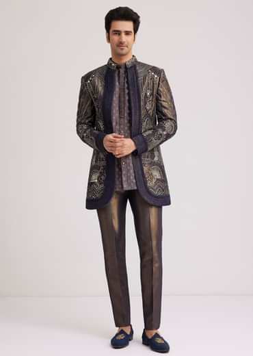 Blue Silk Open Sherwani Set With Zardosi And Mirror Work