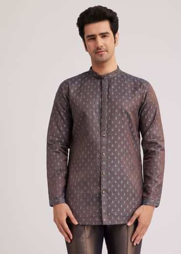 Blue Silk Open Sherwani Set With Zardosi And Mirror Work