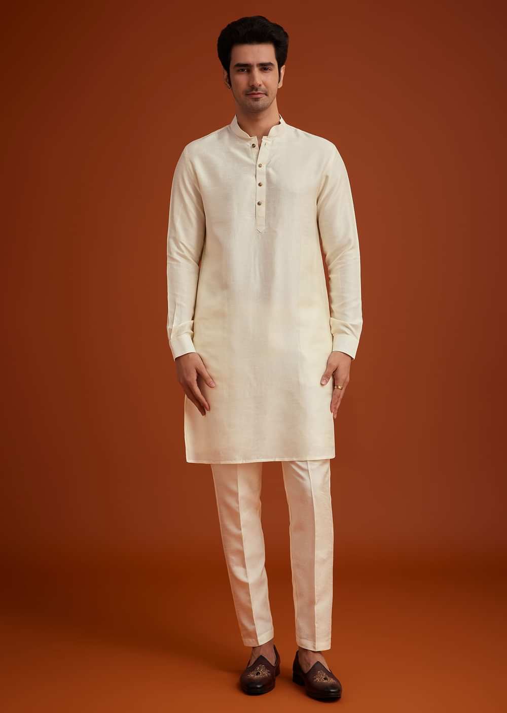 Cream To Yellow Ombre Silk Jacket Set With Thread And Mirror Work