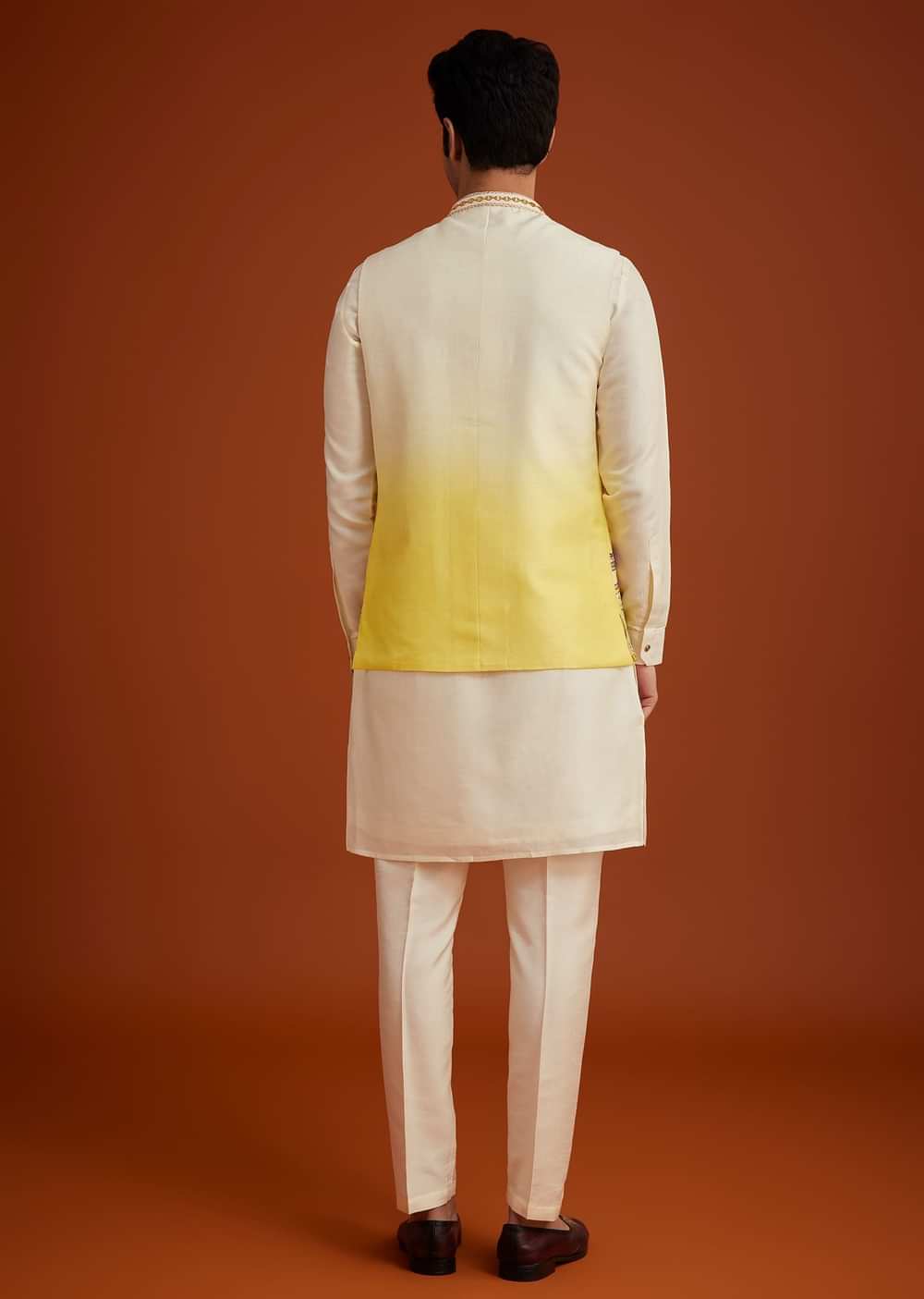 Cream To Yellow Ombre Silk Jacket Set With Thread And Mirror Work