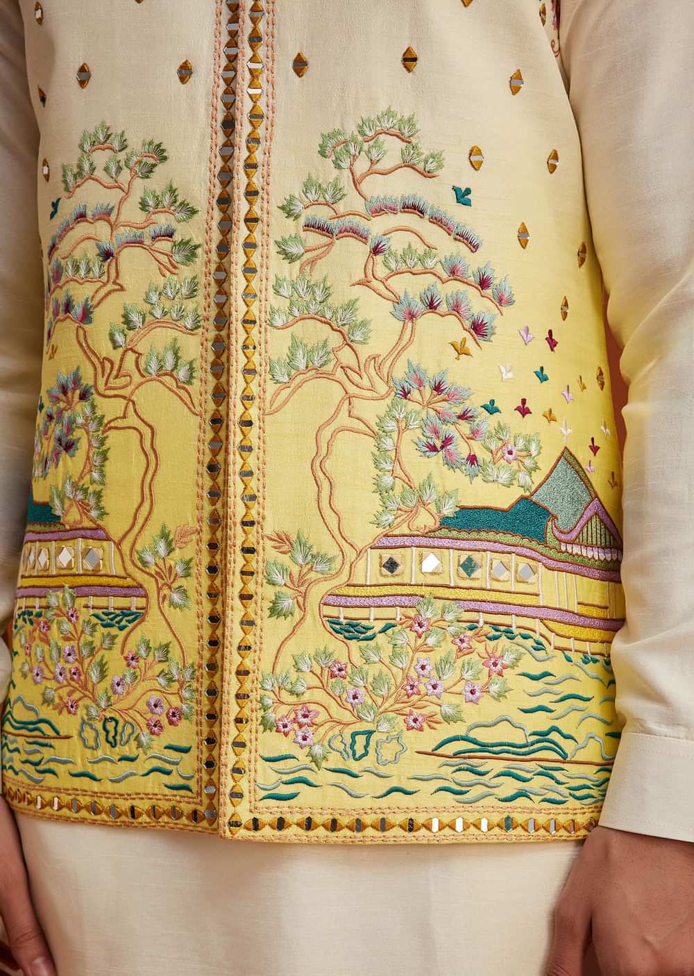 Cream To Yellow Ombre Silk Jacket Set With Thread And Mirror Work