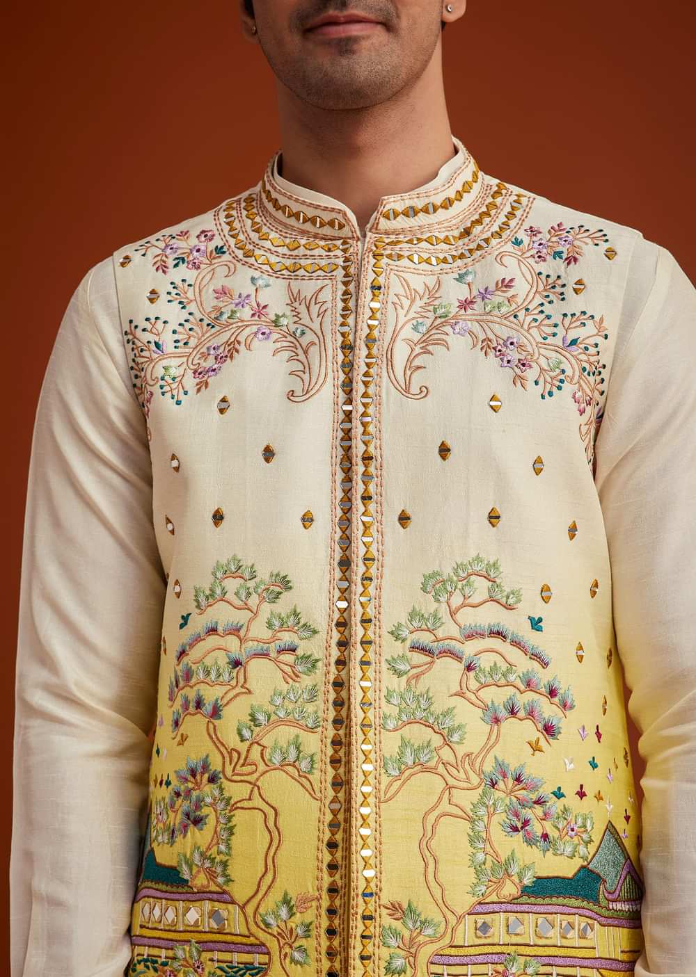 Cream To Yellow Ombre Silk Jacket Set With Thread And Mirror Work